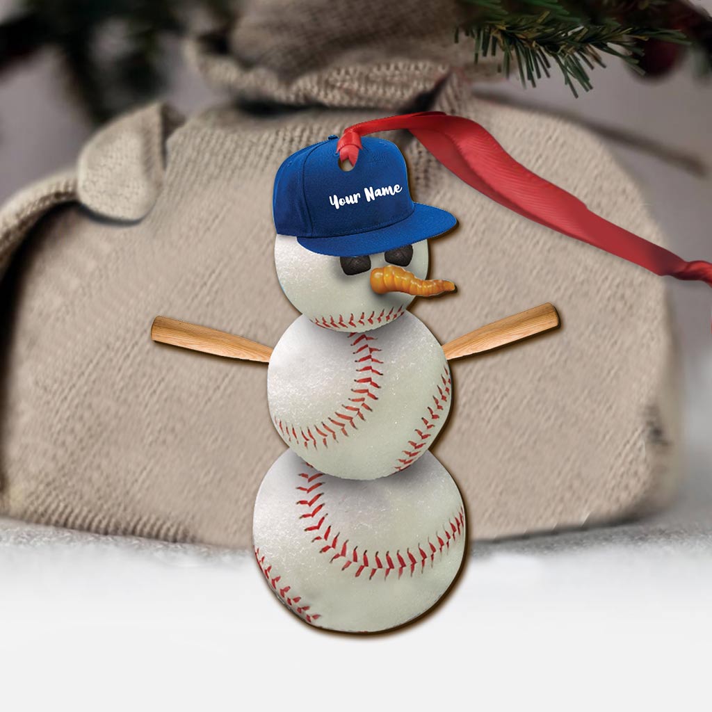 Bonhomme de neige et baseball - Ornement de Noël personnalisé sur le thème du baseball (Impression recto verso)