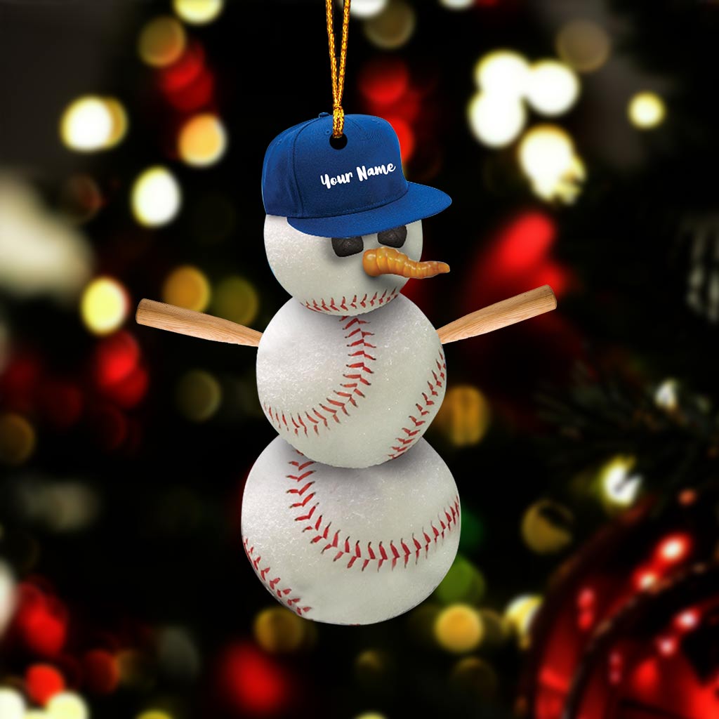 Bonhomme de neige et baseball - Ornement de Noël personnalisé sur le thème du baseball (Impression recto verso)