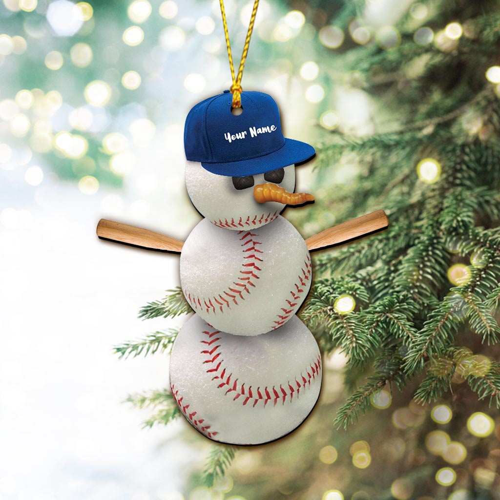 Bonhomme de neige et baseball - Ornement de Noël personnalisé sur le thème du baseball (Impression recto verso)