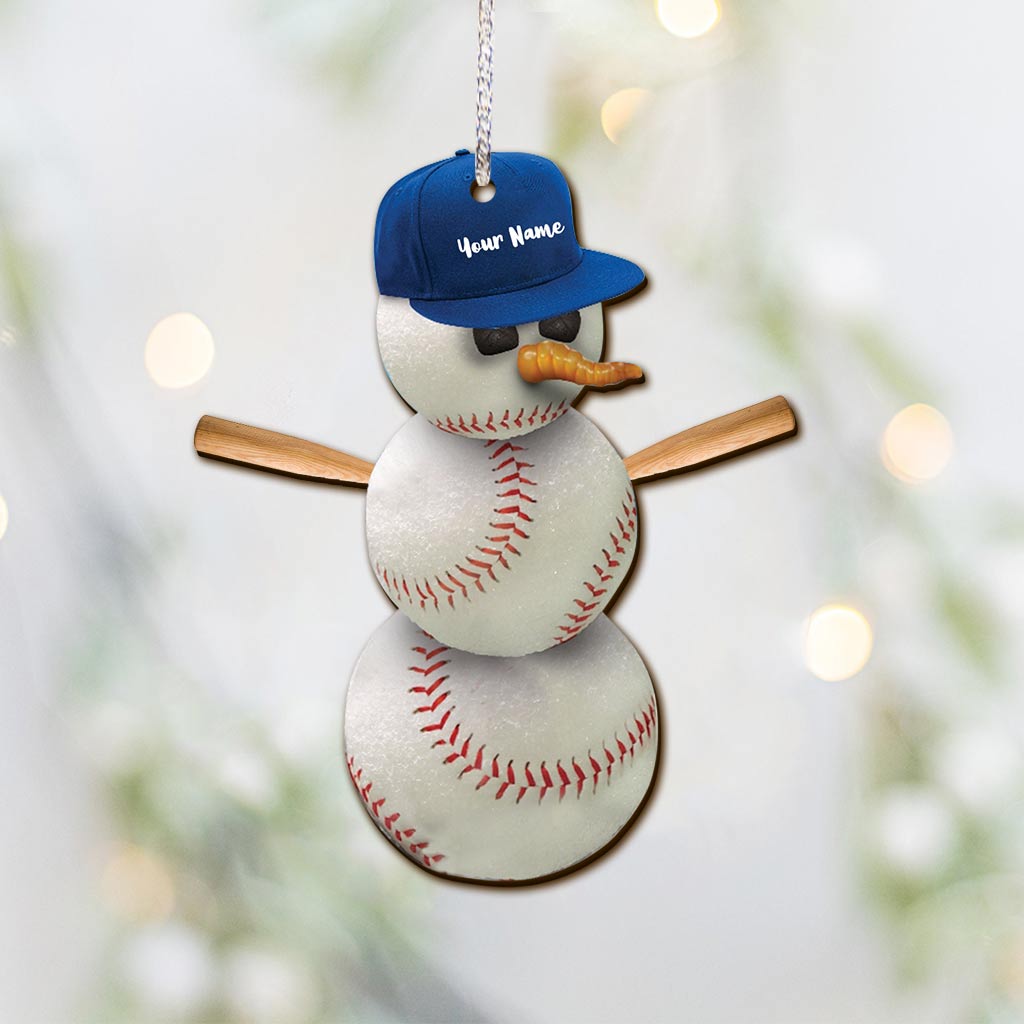 Bonhomme de neige et baseball - Ornement de Noël personnalisé sur le thème du baseball (Impression recto verso)