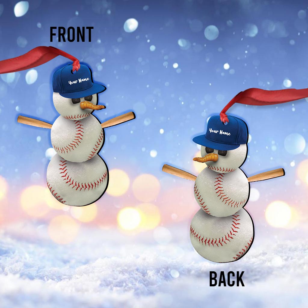 Bonhomme de neige et baseball - Ornement de Noël personnalisé sur le thème du baseball (Impression recto verso)