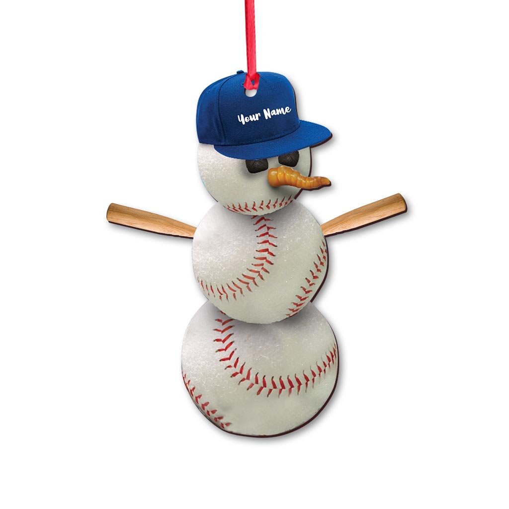 Bonhomme de neige et baseball - Ornement de Noël personnalisé sur le thème du baseball (Impression recto verso)