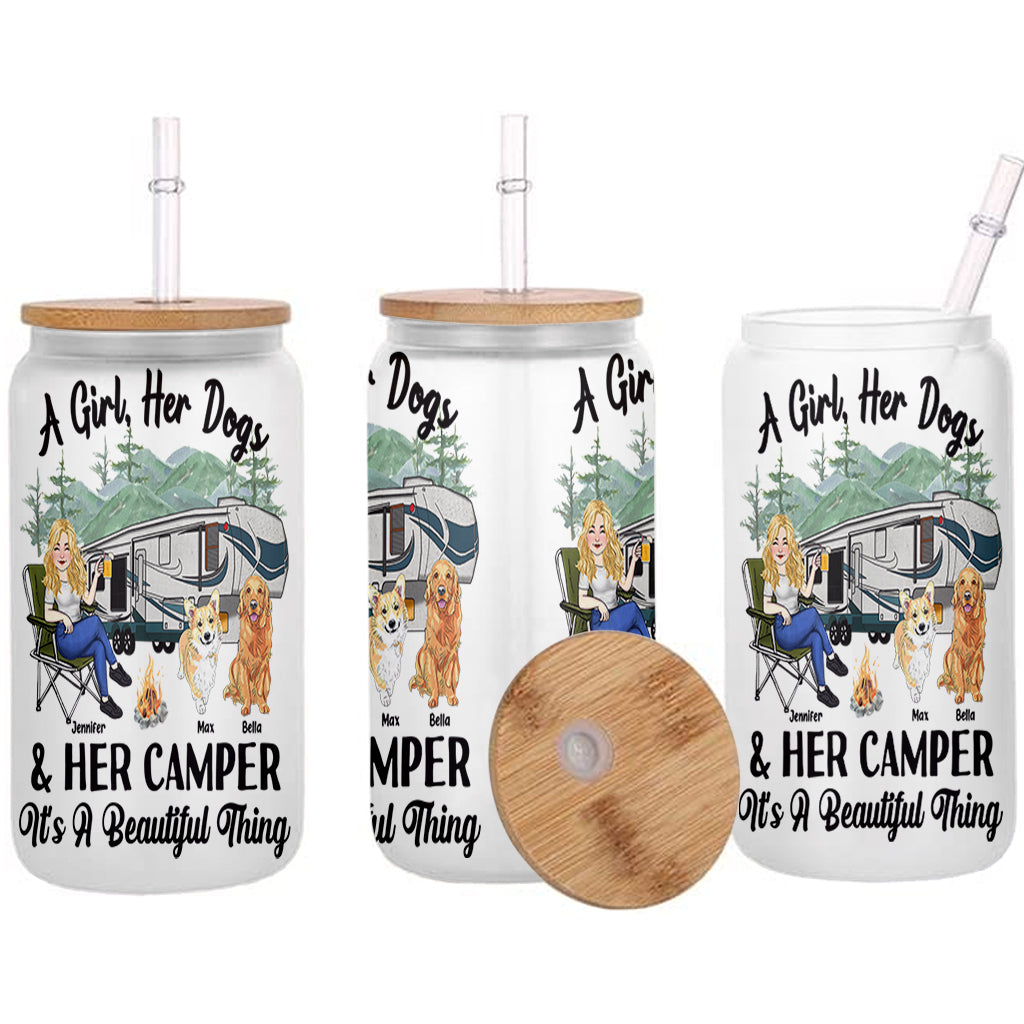A Girl Her Dog And Her Camper - Camping gift for dog lover - Personalized Can Glass