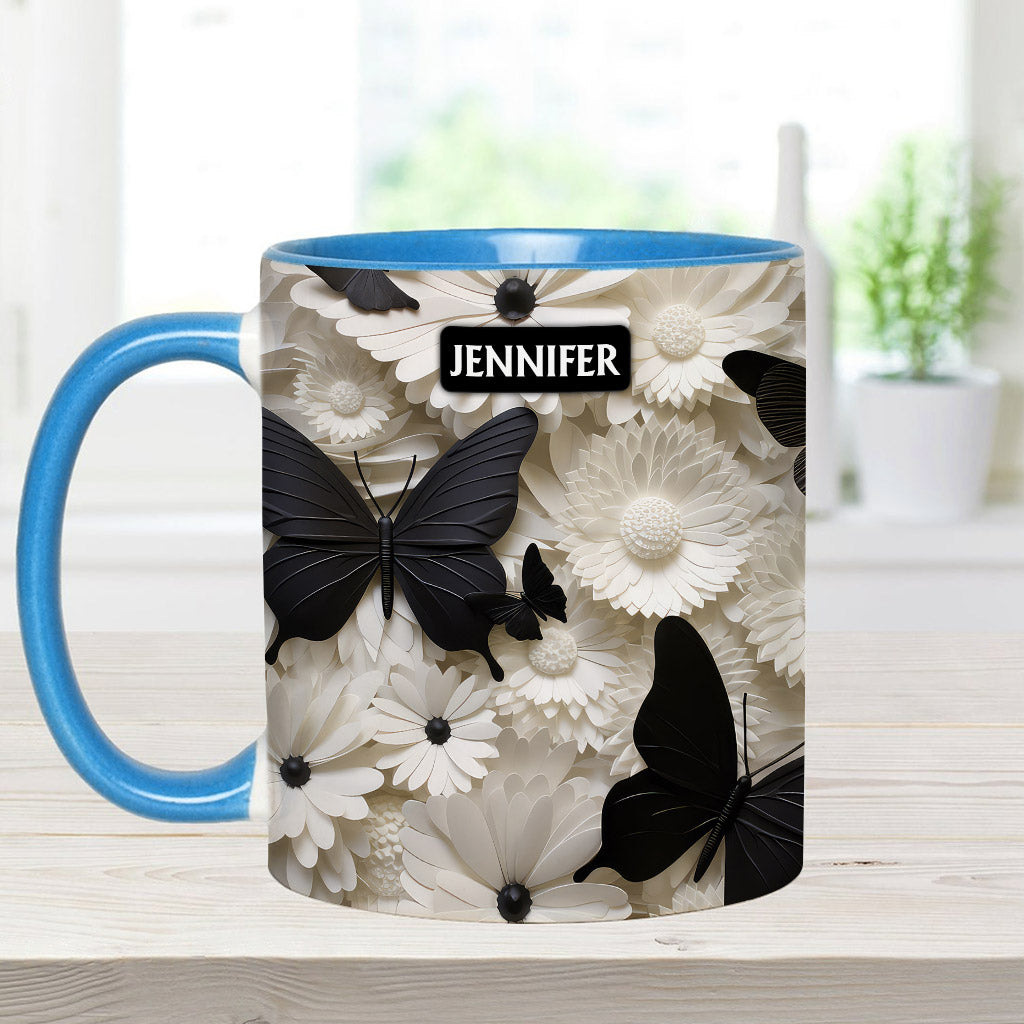 Elegant Black And White Butterflies And Flowers - Personalized Butterfly Accent Mug