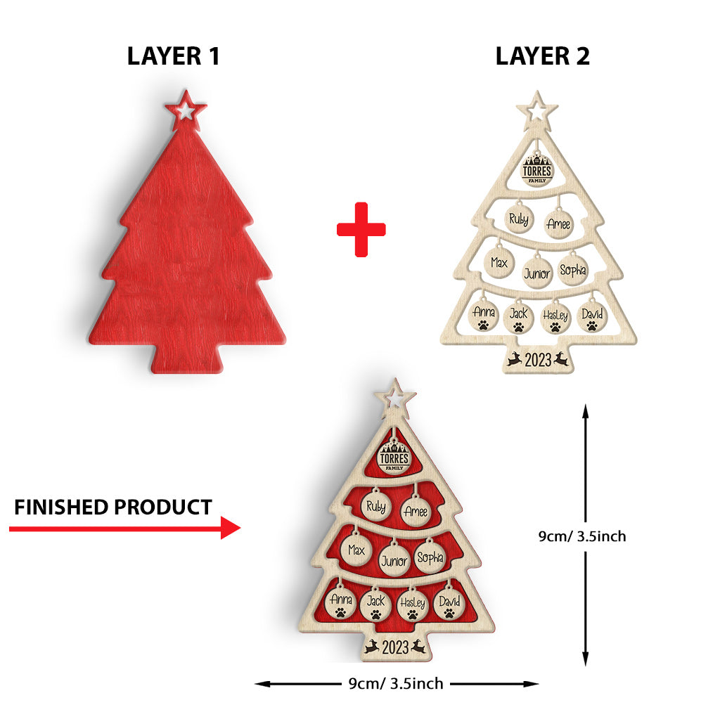 Sapin de Noël avec nom de famille et plusieurs couleurs - Ornement en bois personnalisé avec le nom de famille