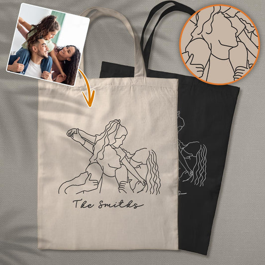 Sac fourre-tout brodé personnalisé avec photo au trait - Sac fourre-tout familial personnalisé