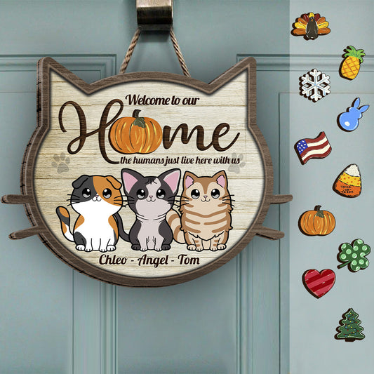 Bienvenue chez nous - Panneau en bois interchangeable personnalisé avec motif chat