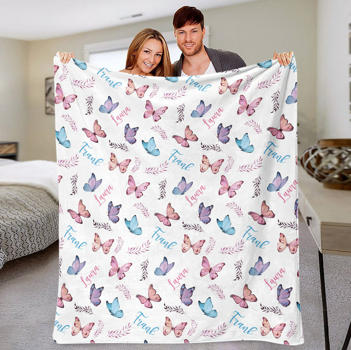 Couverture personnalisée pour couple avec papillon et prénom -