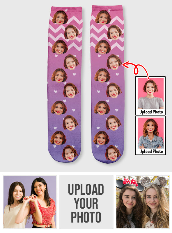 Chaussettes personnalisées pour meilleure amie, motif violet et visage personnalisé