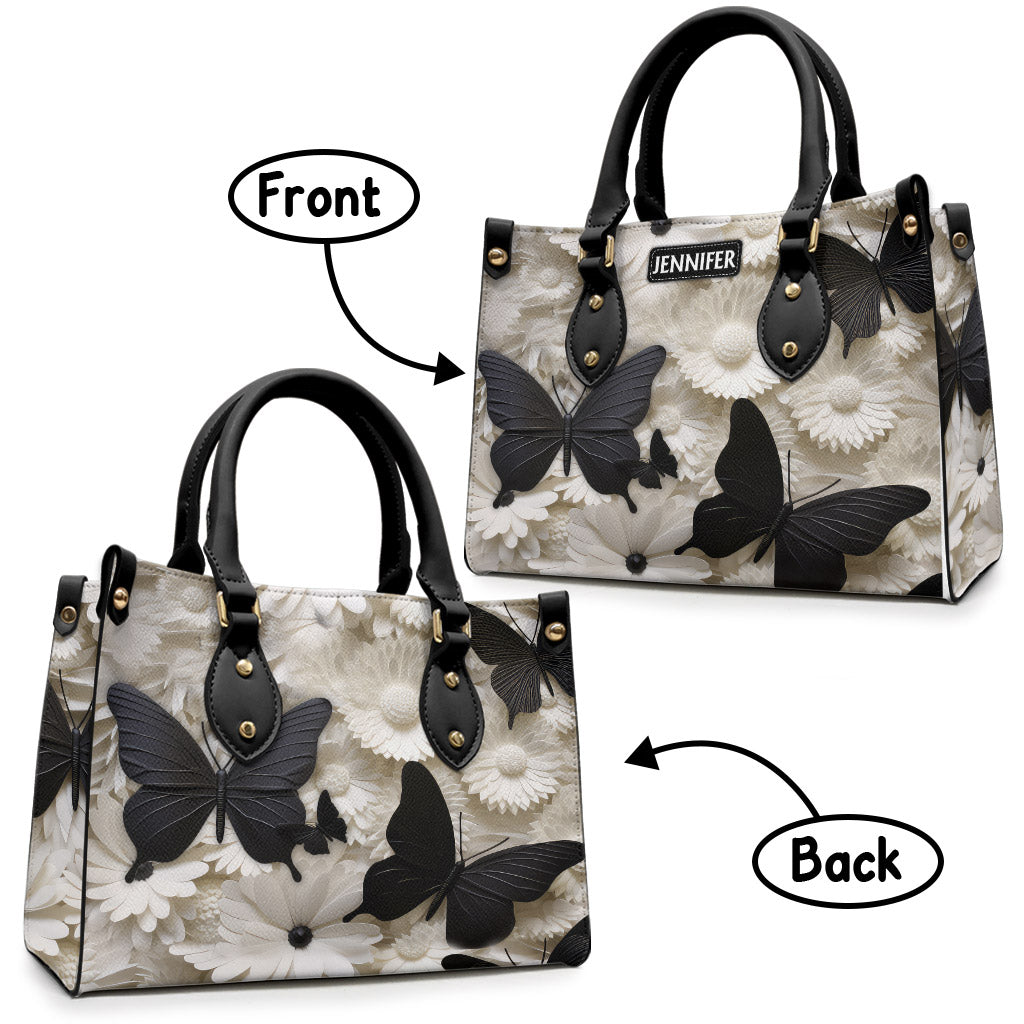 Sac à main en cuir personnalisé avec papillons et fleurs noirs et blancs élégants