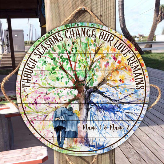 Though Seasons Change - Personalized Couple Round Wood Sign