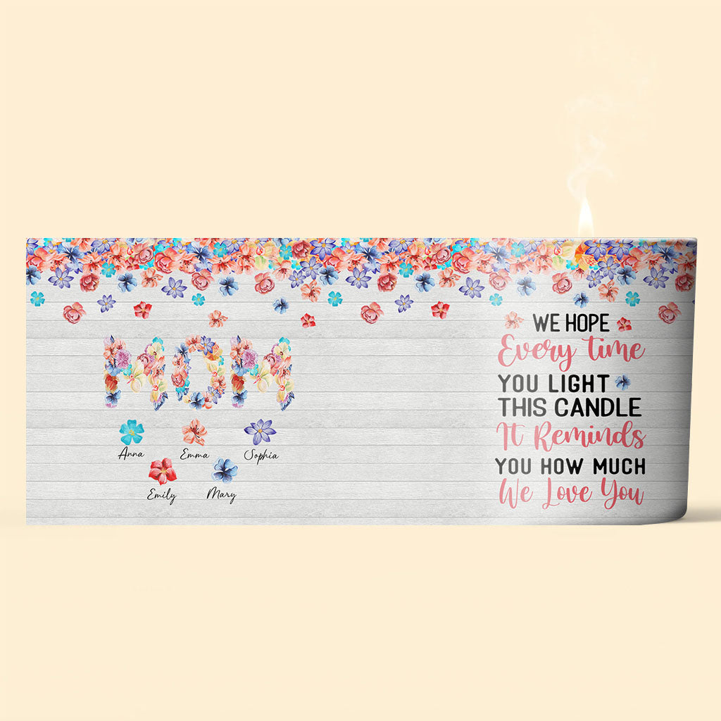 Bougie florale « On t’aime, maman » personnalisée pour la fête des mères avec couvercle en bois