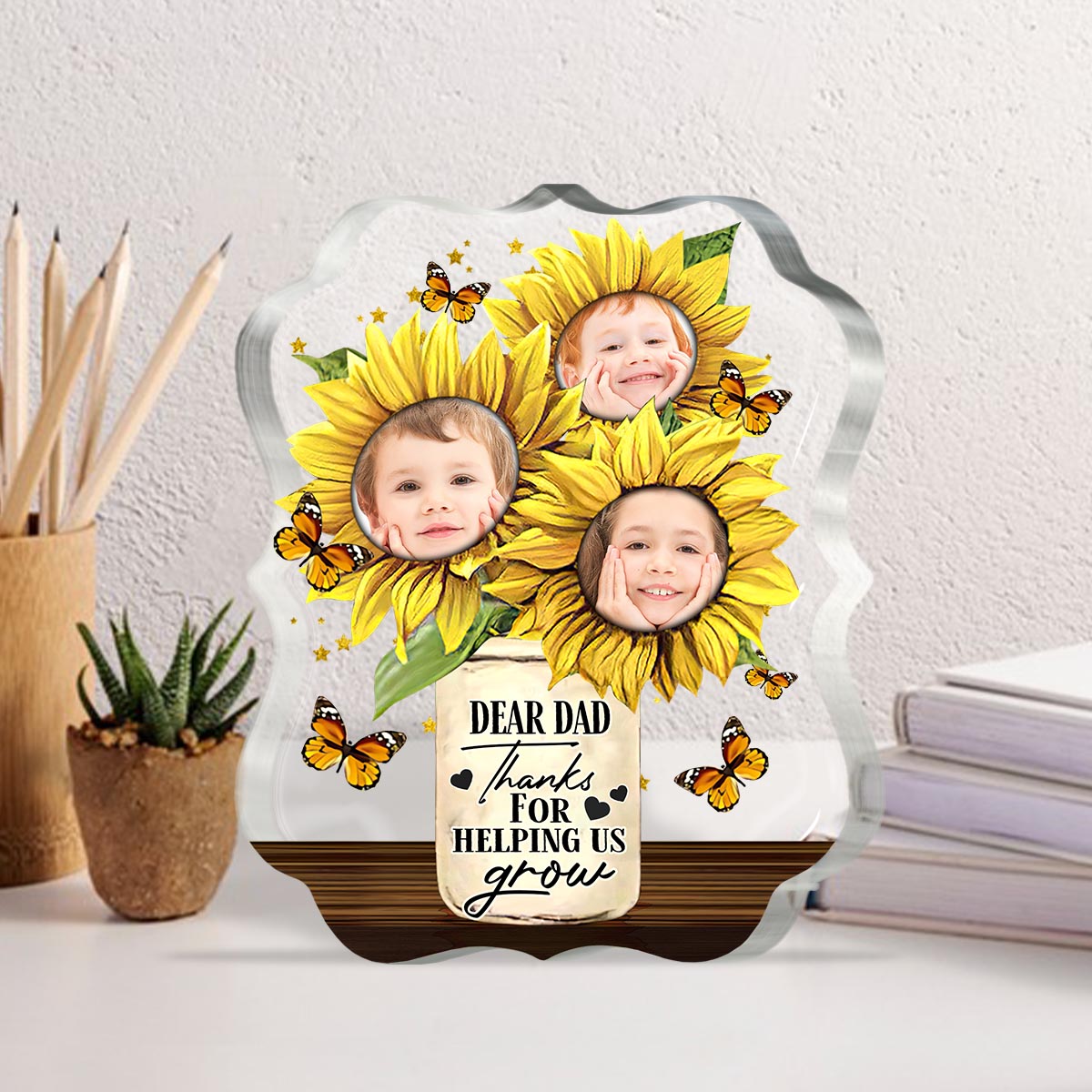 Merci de nous avoir aidés à grandir - Plaque acrylique personnalisée « Papa » en forme de pièce – Merci de nous avoir aidés à grandir