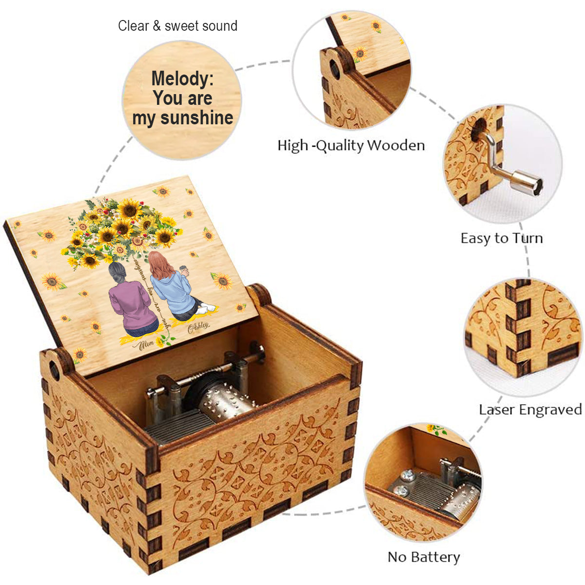 Tu es mon rayon de soleil - Boîte à musique à manivelle personnalisée pour maman