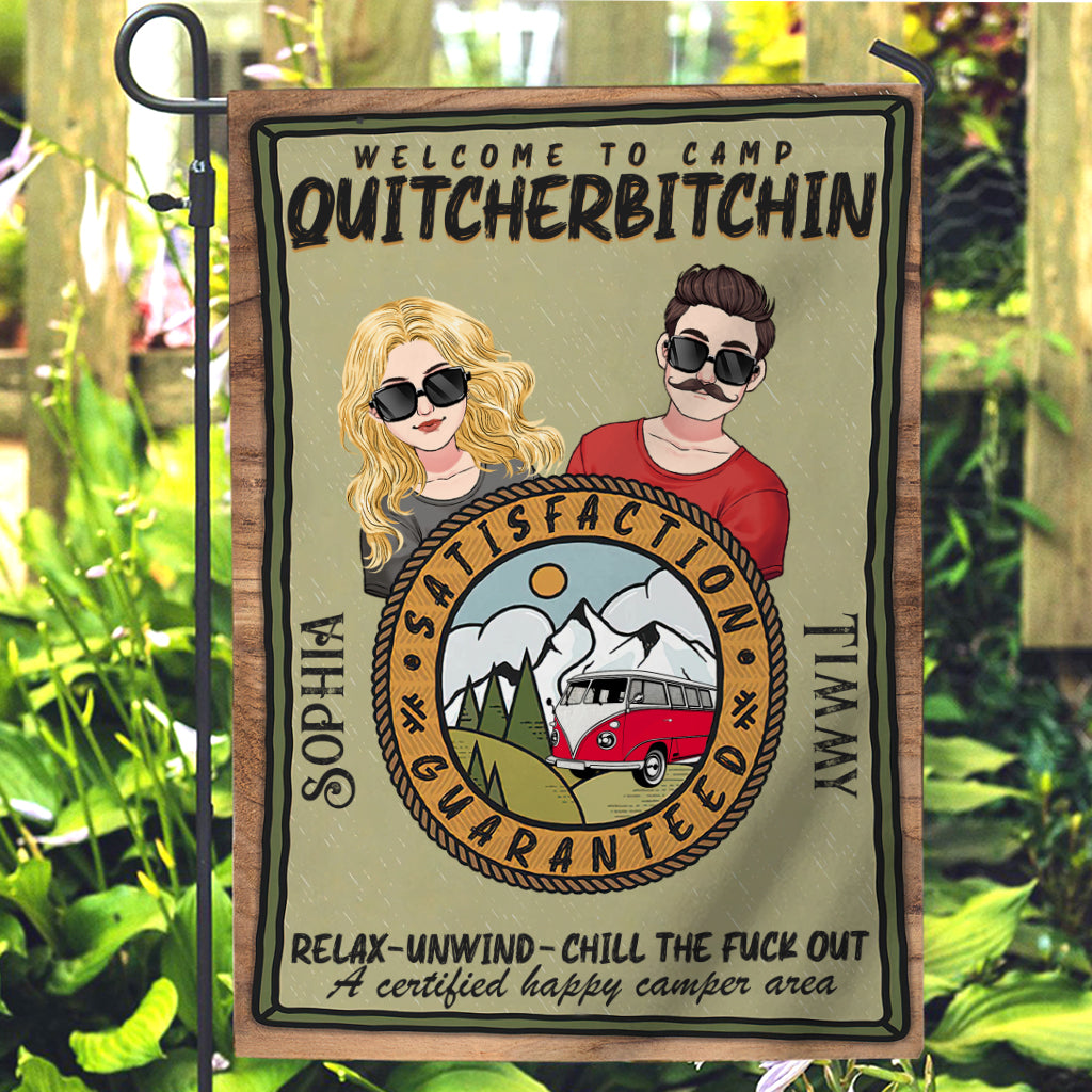Bienvenue au Camp Quitcherbitchin - Drapeau de jardin de camping personnalisé