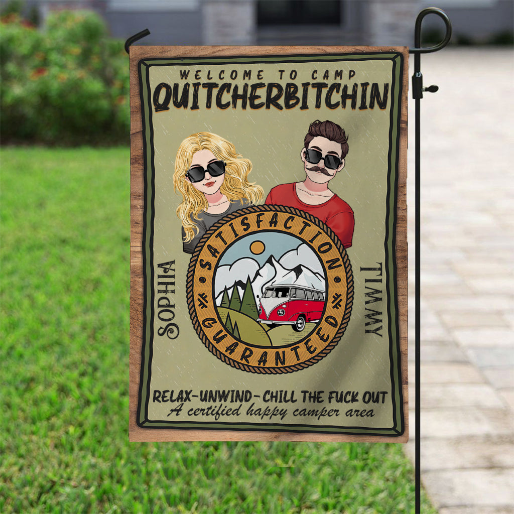 Bienvenue au Camp Quitcherbitchin - Drapeau de jardin de camping personnalisé