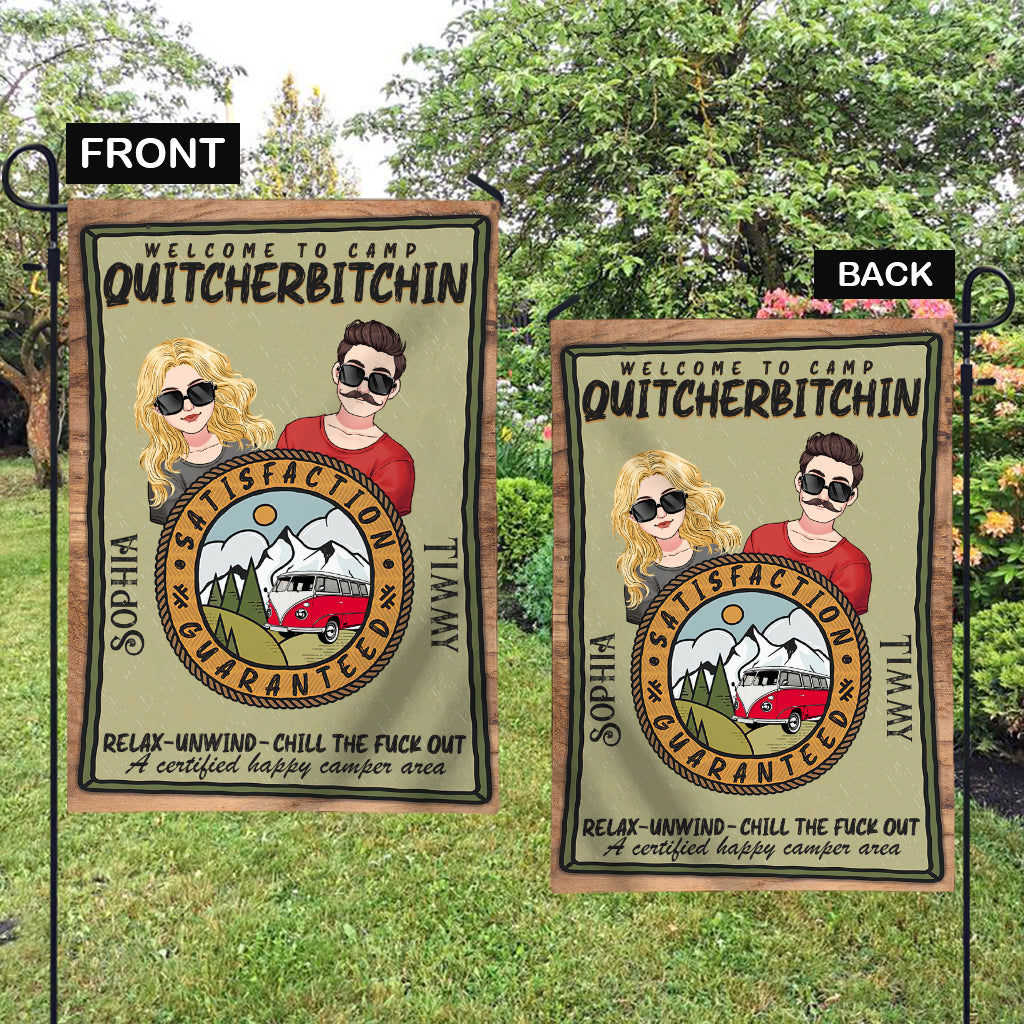 Bienvenue au Camp Quitcherbitchin - Drapeau de jardin de camping personnalisé