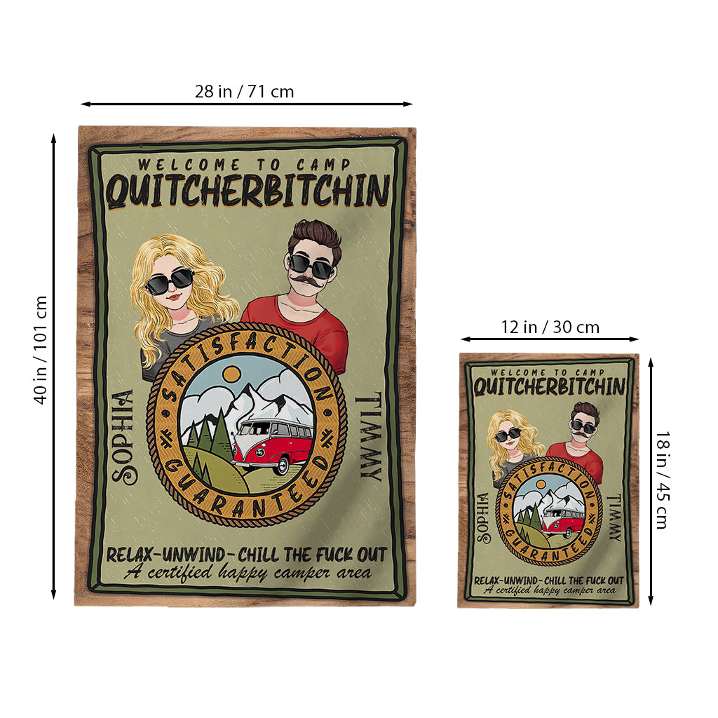 Bienvenue au Camp Quitcherbitchin - Drapeau de jardin de camping personnalisé