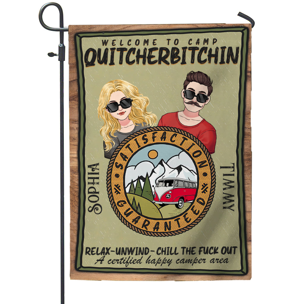 Bienvenue au Camp Quitcherbitchin - Drapeau de jardin de camping personnalisé