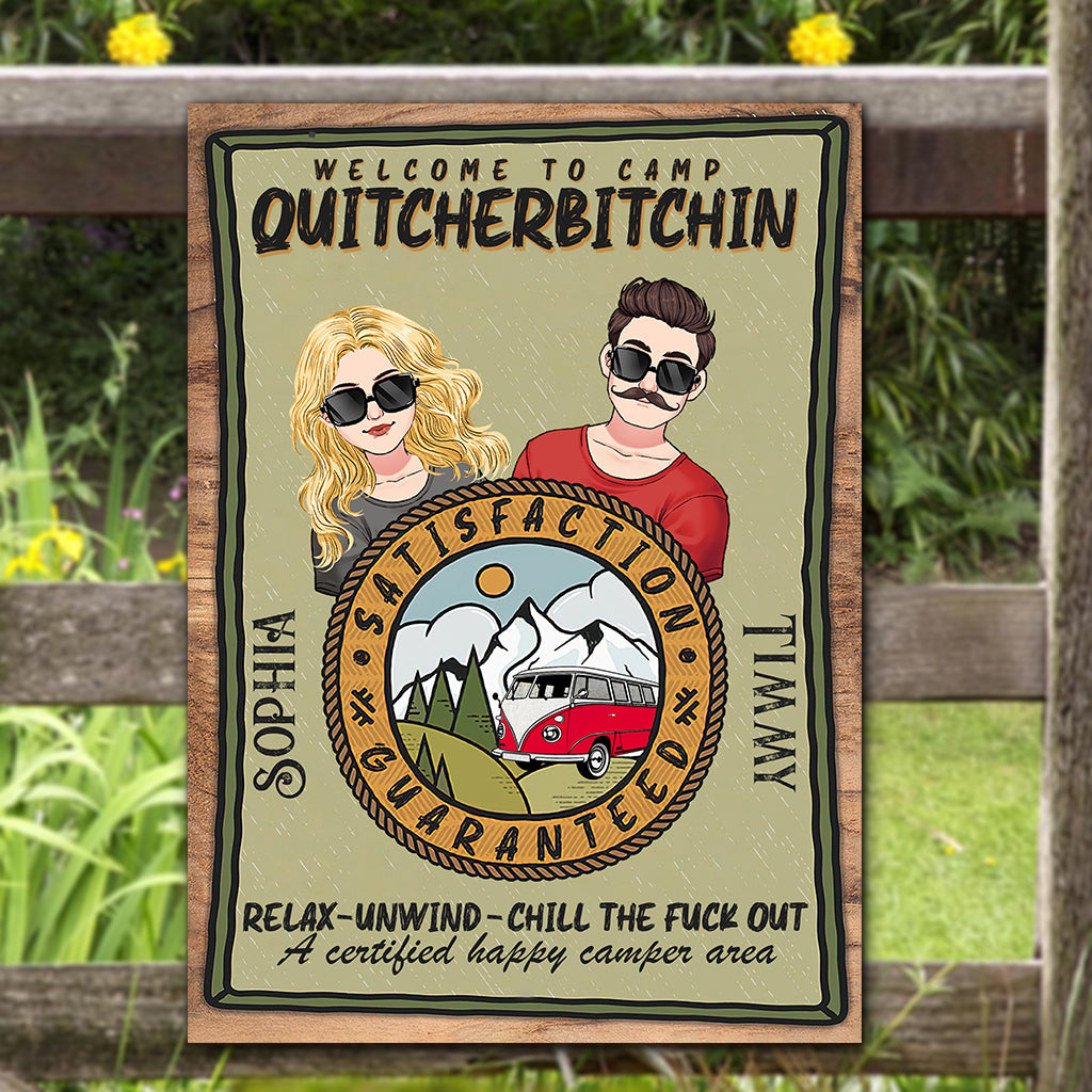 Bienvenue au Camp Quitcherbitchin - Panneau métallique rectangulaire personnalisé pour le camping