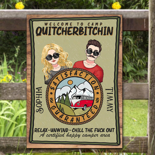 Bienvenue au Camp Quitcherbitchin - Panneau métallique rectangulaire personnalisé pour le camping