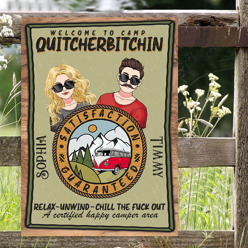 Bienvenue au Camp Quitcherbitchin - Panneau métallique rectangulaire personnalisé pour le camping