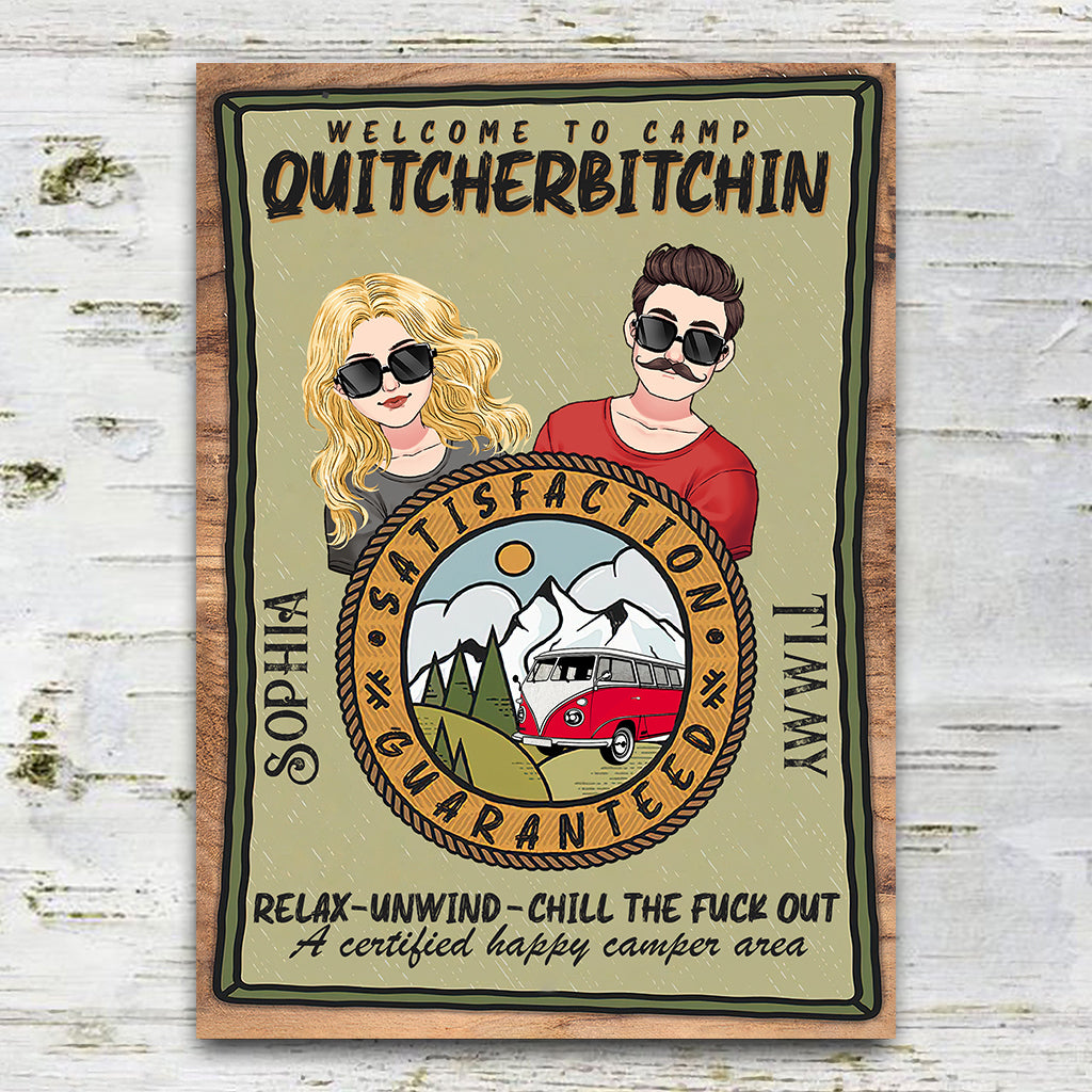 Bienvenue au Camp Quitcherbitchin - Panneau métallique rectangulaire personnalisé pour le camping
