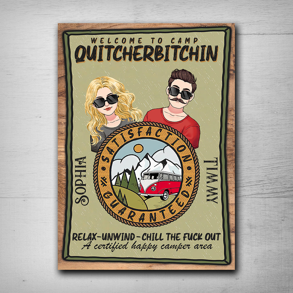 Bienvenue au Camp Quitcherbitchin - Panneau métallique rectangulaire personnalisé pour le camping