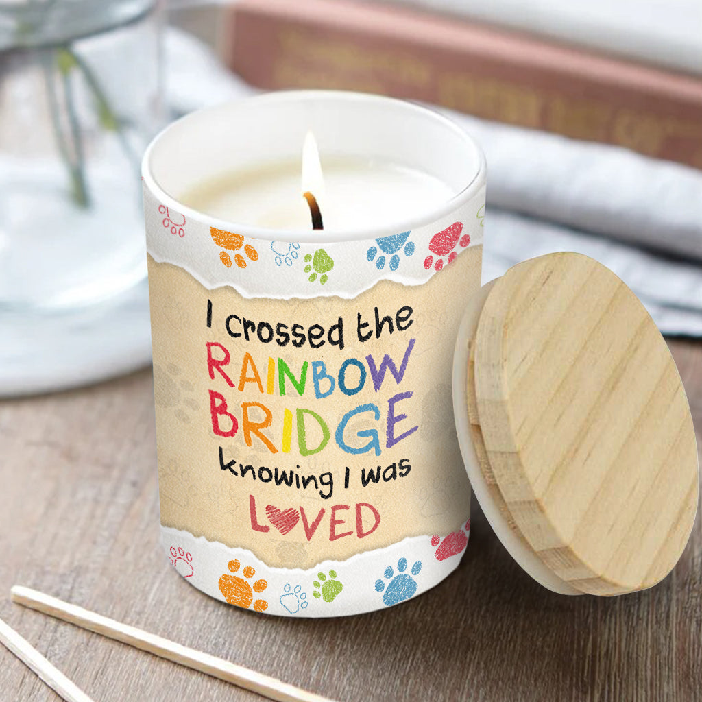 J'ai traversé l'arc-en-ciel - Cadeau pour les personnes ayant perdu un chat ou un chien - Bougie personnalisée avec couvercle en bois