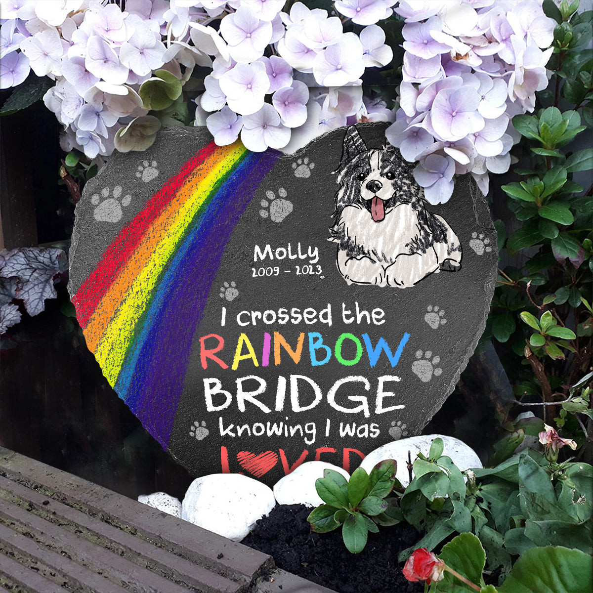 J'ai traversé l'arc-en-ciel - Cadeau pour les personnes qui ont perdu leur chien ou leur chat - Pierre personnalisée en forme de cœur