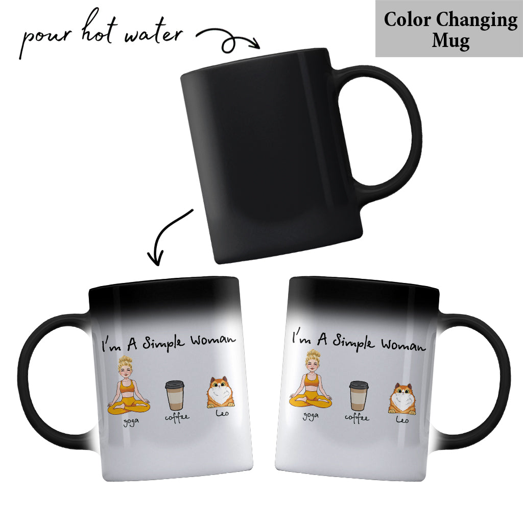 Je suis une femme simple - Mug personnalisé, cadeau de yoga pour les amoureux des chiens et des chats