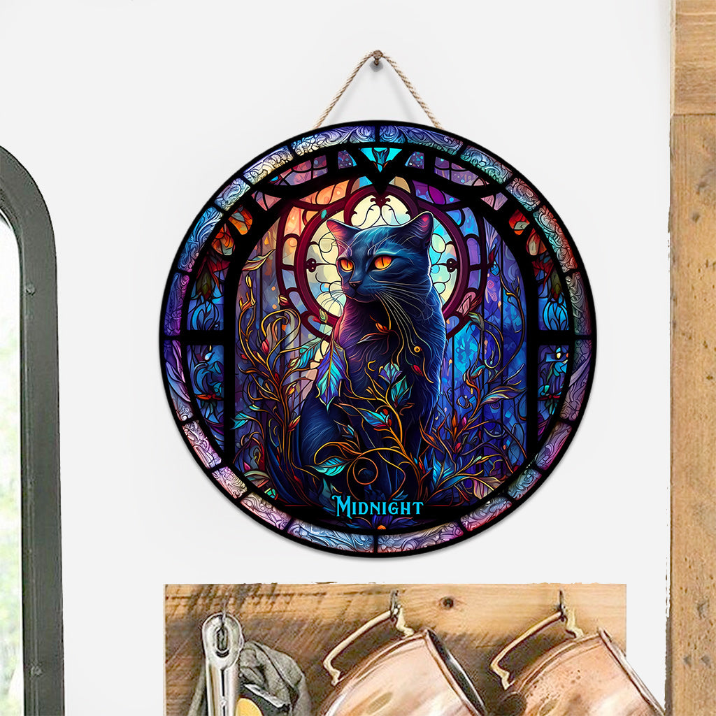 Black Cat - Personalized Black Cat Round Wood Sign