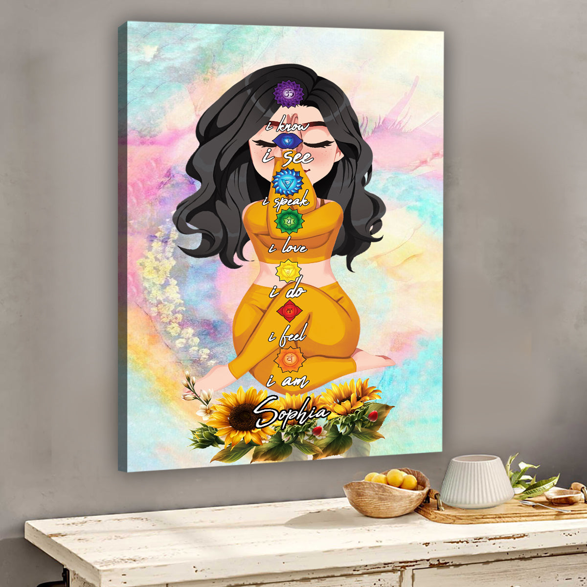 Je sais, je vois, je parle, j'aime, je fais, je sens, je suis - Toile et affiche de yoga personnalisées