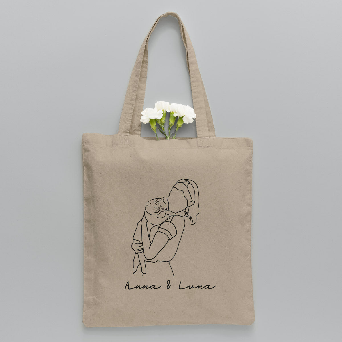 Sac fourre-tout brodé personnalisé avec photo au trait et motif chat
