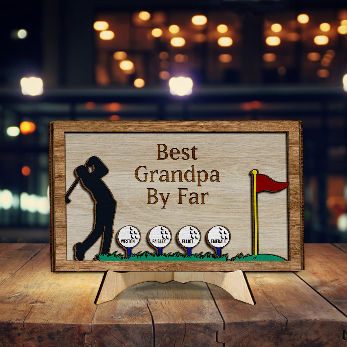 Meilleur grand-père/papa de loin - Plaque en bois personnalisée sur le thème du golf (2 couches)