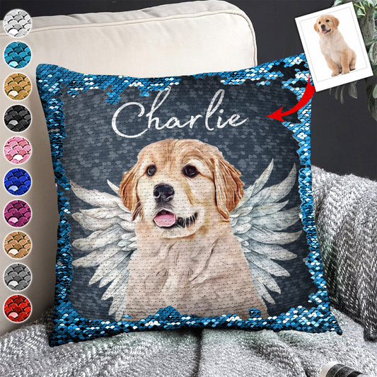 Ailes d'ange pour chien et chat - Cadeau pour les amoureux des chiens et des chats, ou pour ceux qui ont perdu leur animal - Housse de coussin à sequins personnalisée 