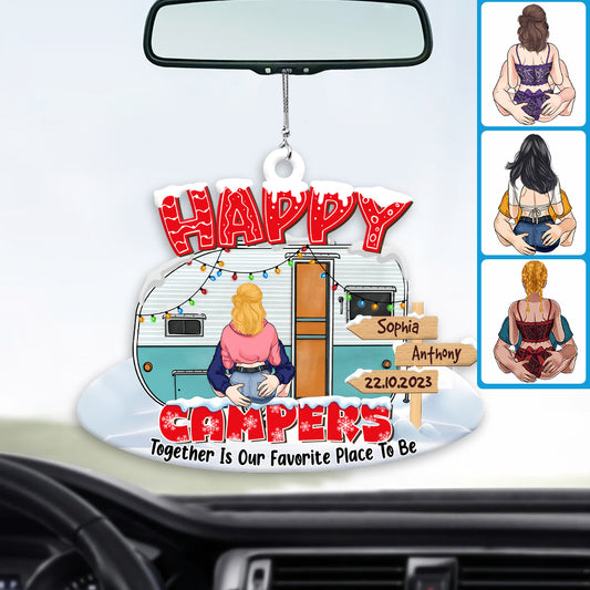 Happy Campers - Cadeau de camping pour mari, femme, petit ami, petite amie - Ornement de voiture personnalisé