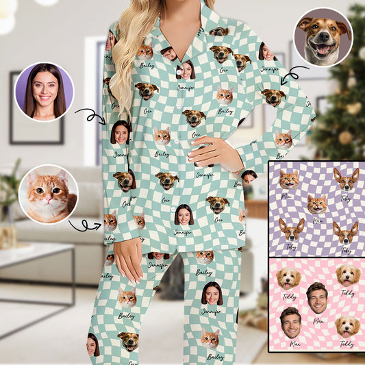 Pyjama à boutons personnalisé pour chat, motif à carreaux, avec photo au choix parmi de nombreuses couleurs de fond