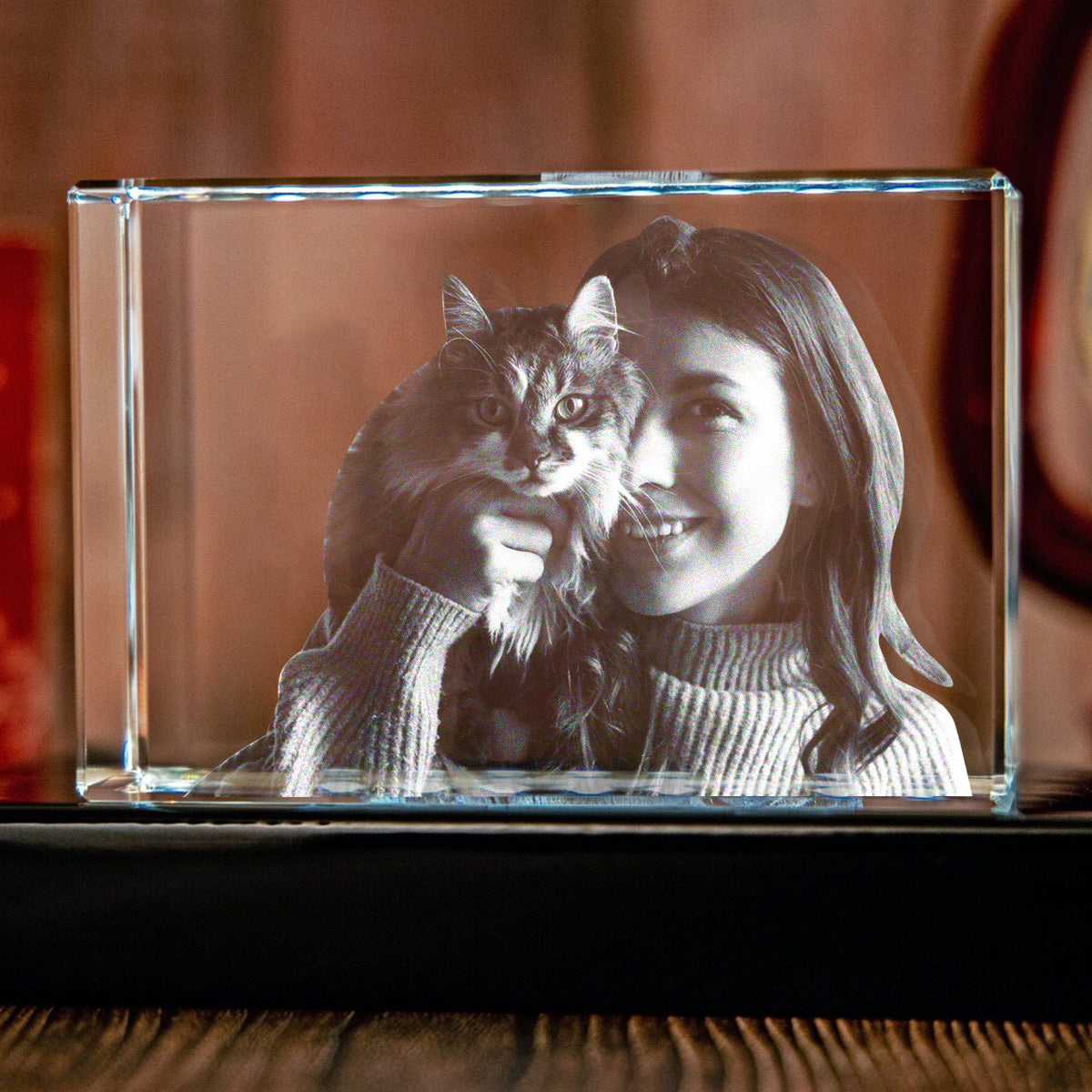 Lampe en cristal 3D cubique gravée au laser avec photo personnalisée - Chat