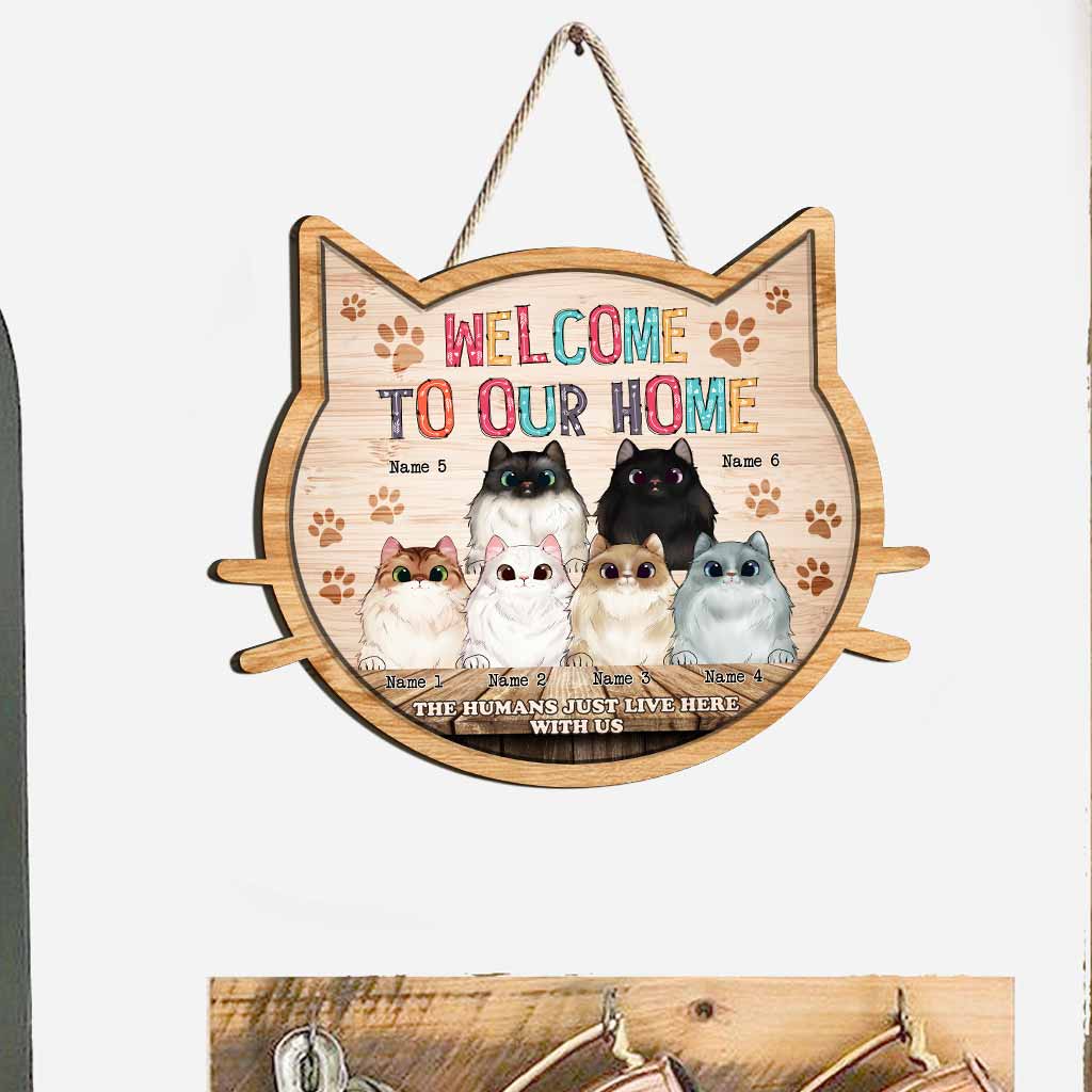 Bienvenue chez nous, les chats ! – Panneau en bois personnalisé pour chats
