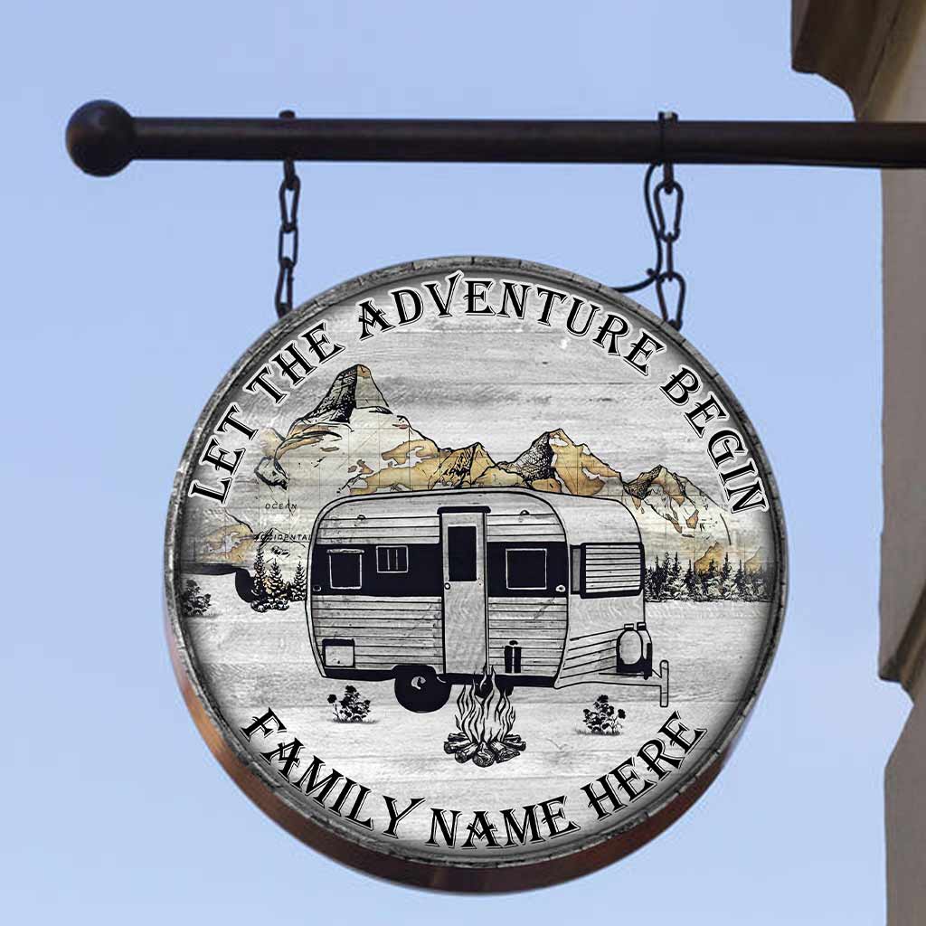Que l'aventure commence ! - Panneau rond en bois personnalisé pour le camping