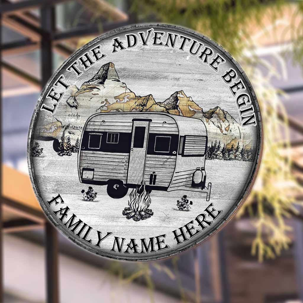Que l'aventure commence ! - Panneau rond en bois personnalisé pour le camping