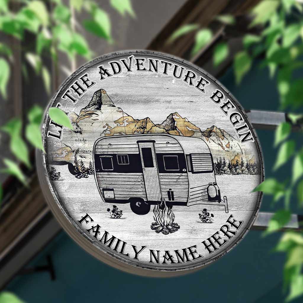 Que l'aventure commence ! - Panneau rond en bois personnalisé pour le camping