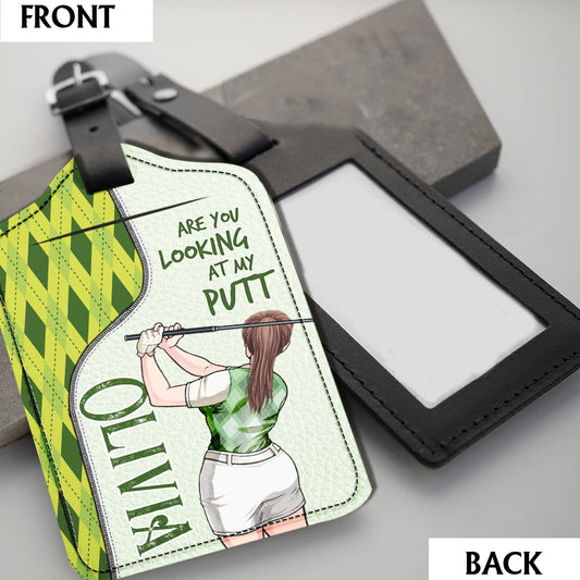« Vous regardez mon putt ? » - Étiquette à bagages personnalisée en cuir pour golf