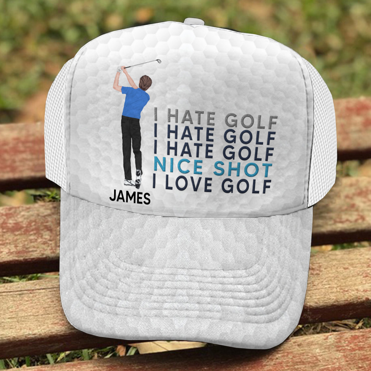J'adore le golf - Casquette trucker de golf personnalisée (maille blanche)