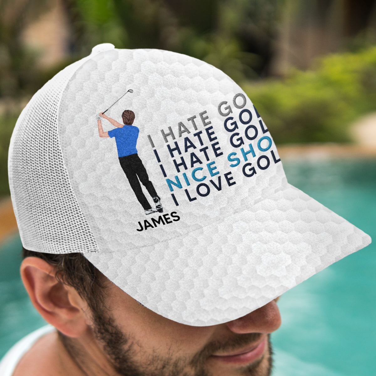 J'adore le golf - Casquette trucker de golf personnalisée (maille blanche)