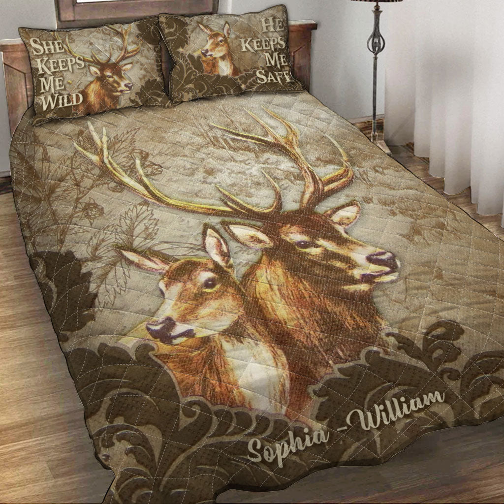 She Keeps Me Wild He Keeps Me Safe - Personalized Couple Hunting Quilt Set