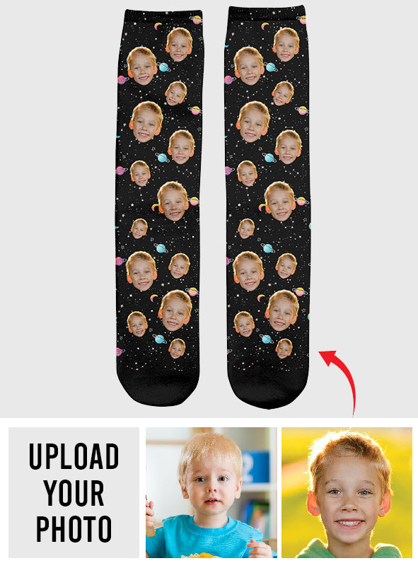 Chaussettes personnalisées pour petit-fils - Visage personnalisé Galaxy