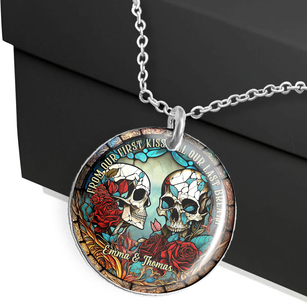 From Our First Kiss - Skull gift for girlfriend, husband, boyfriend, wife - Personalized Round Pendant Necklace