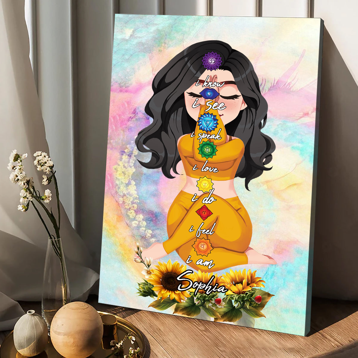 Je sais, je vois, je parle, j'aime, je fais, je sens, je suis - Toile et affiche de yoga personnalisées